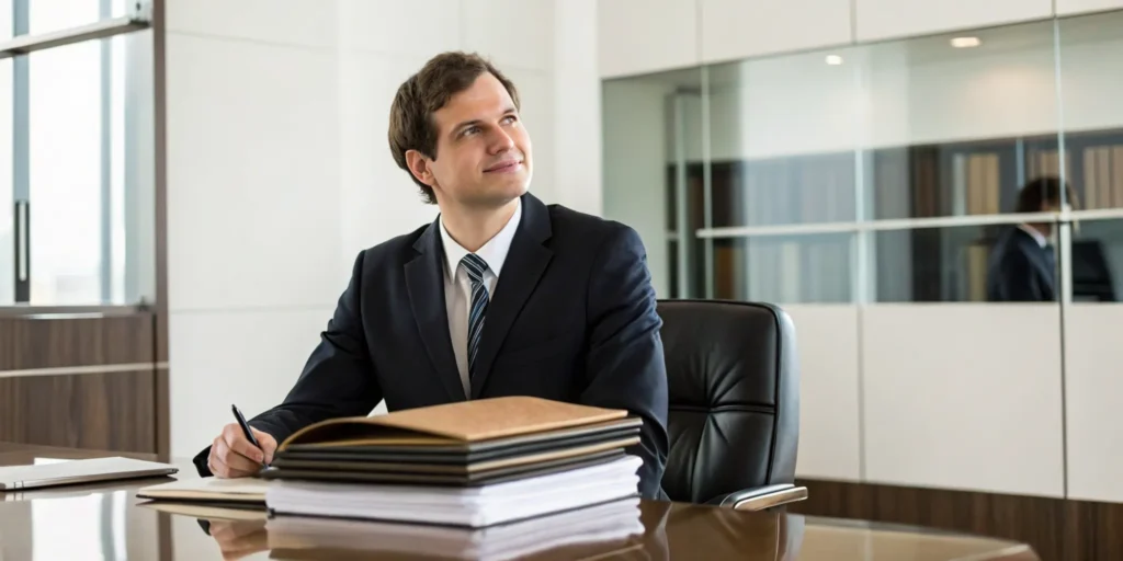 A Miami student defense lawyer at their desk reviewing legal documents to protect a client's future.