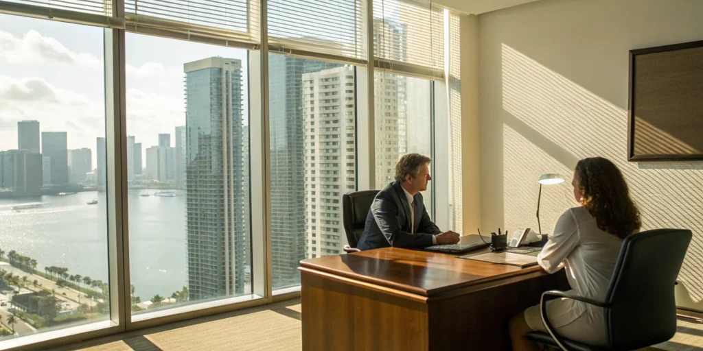 Miami child abuse defense lawyer consulting with a client about their case.