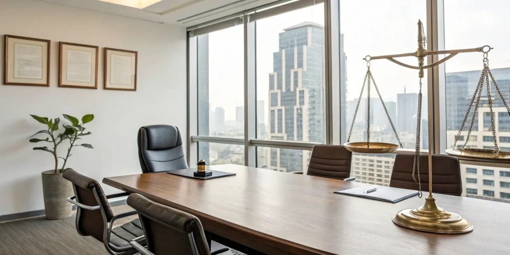 A South Florida defense lawyer's office with scales of justice on the desk.