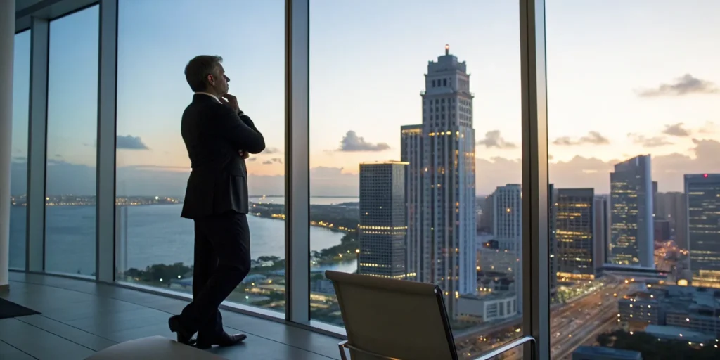 A top attorney from one of the best criminal law firms in Miami overlooking the city skyline.