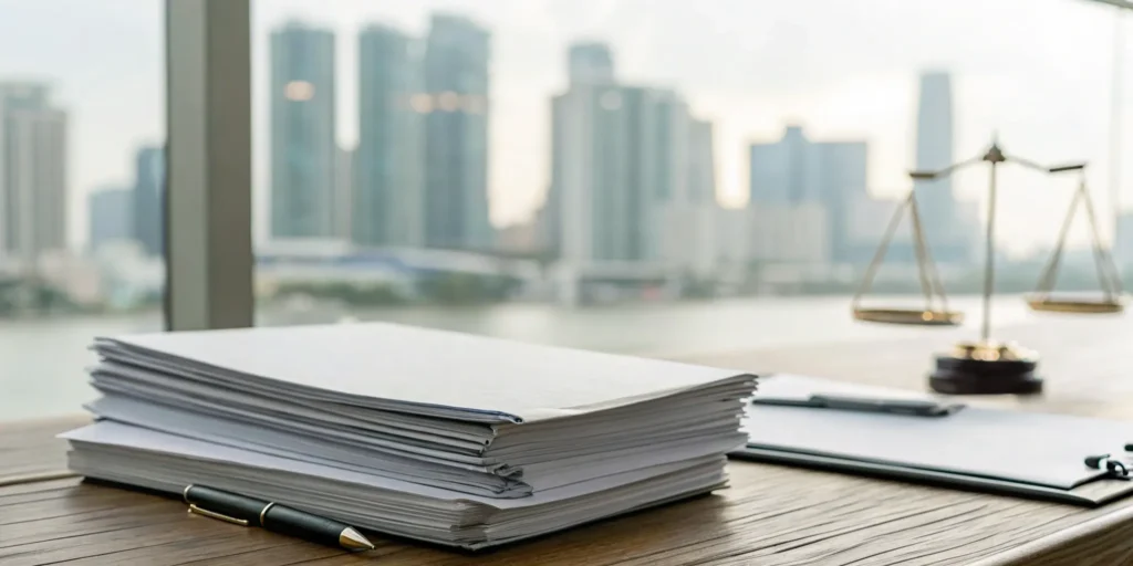 Legal documents and justice scales on a Miami student disciplinary lawyer's desk.