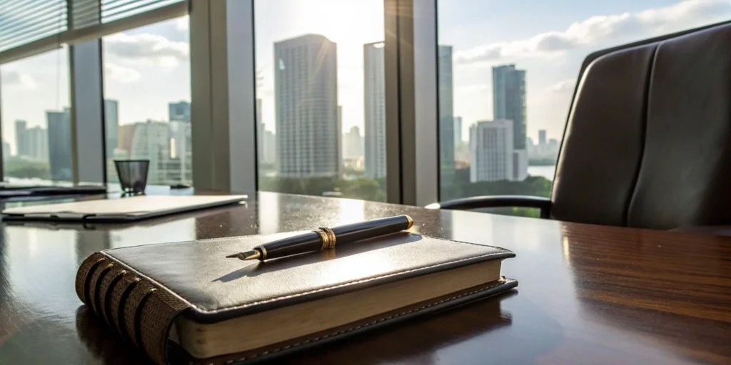 The office of a top criminal lawyer in Miami, with a notebook on a desk overlooking the city.