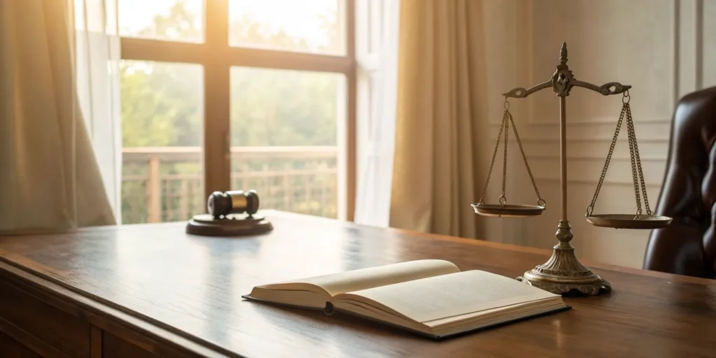 Gavel, law book, and scales of justice for a criminal lawyer for hire in South Florida.