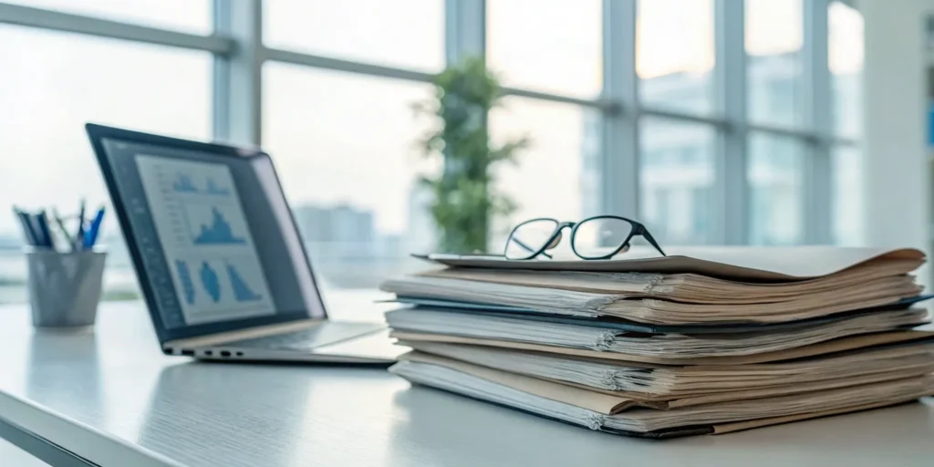 A Miami law office desk with documents and a laptop for a healthcare fraud defense case.
