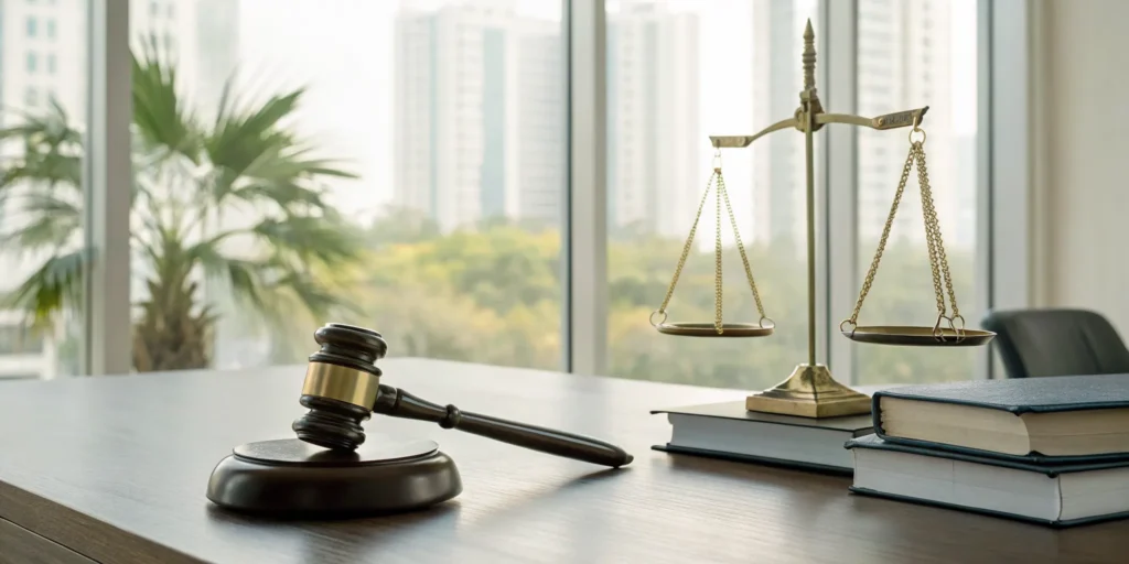 Gavel, law books, and scales for a first offense felony in Florida.