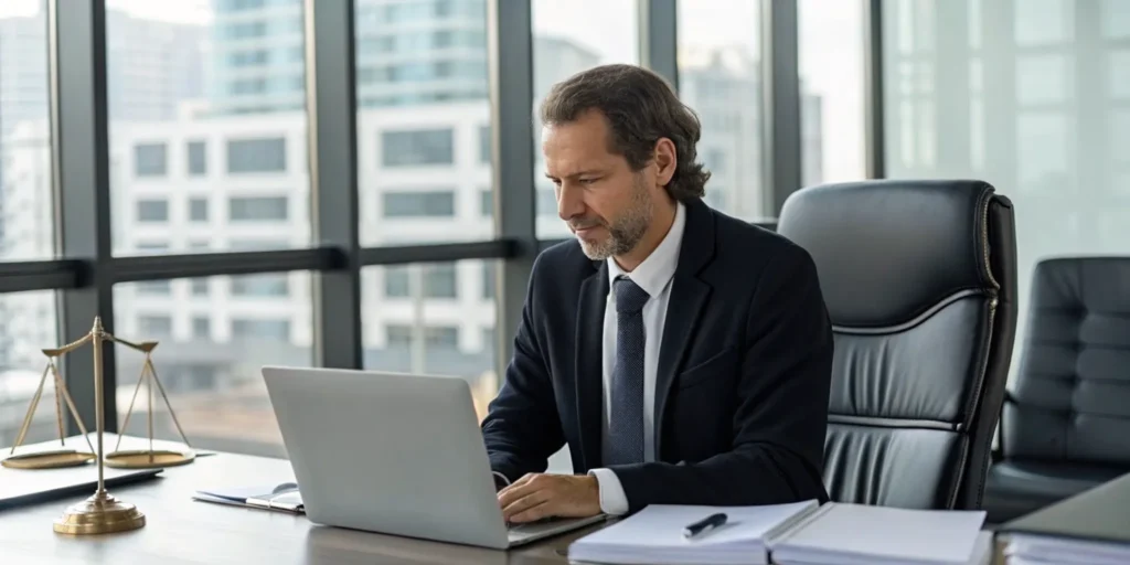 A federal drug trafficking lawyer strategizes a defense using a laptop and legal documents.