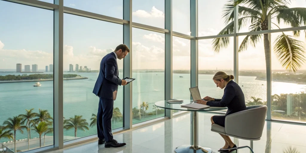 Miami drug possession lawyer discussing a defense strategy with a client in an office.