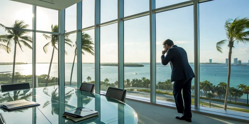 South Florida trespassing lawyer discussing a case on the phone in his office.