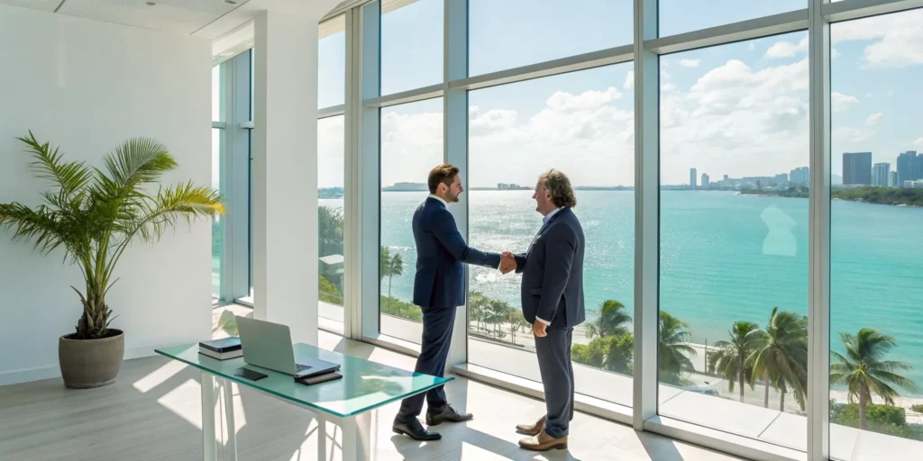 A South Florida expungement lawyer shaking hands with a client in an office.