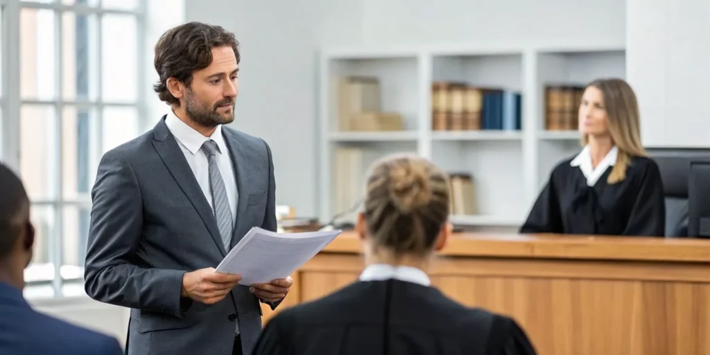 A Miami drug trafficking lawyer defending a client in a courtroom.