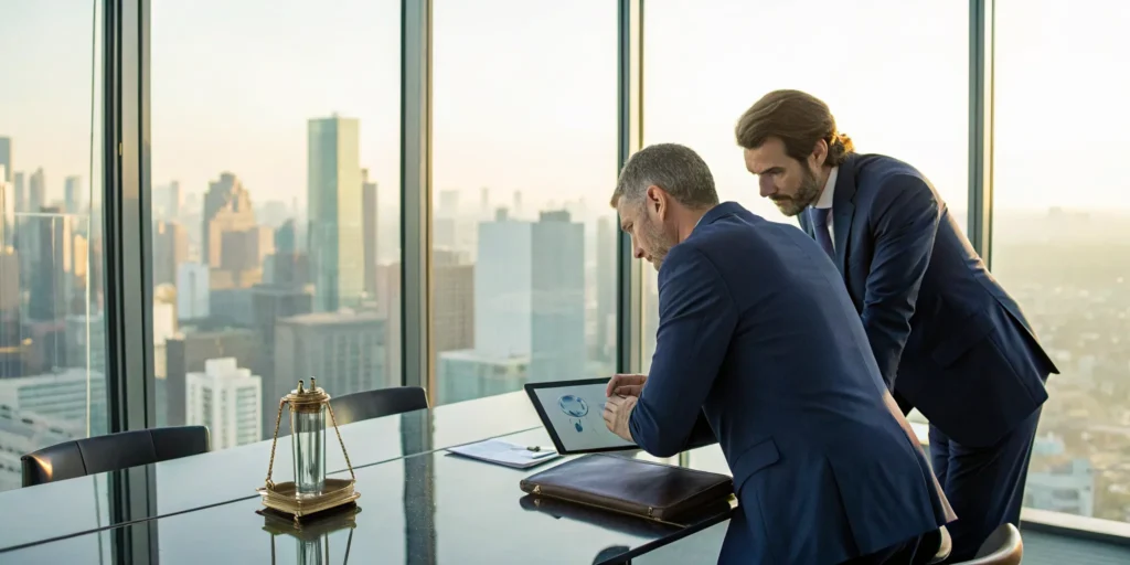 Fraud lawyer reviewing case documents with a colleague on a laptop.