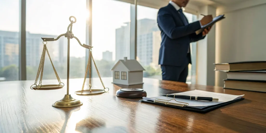 A mortgage fraud lawyer in Florida sits at a desk with a house model and the scales of justice.