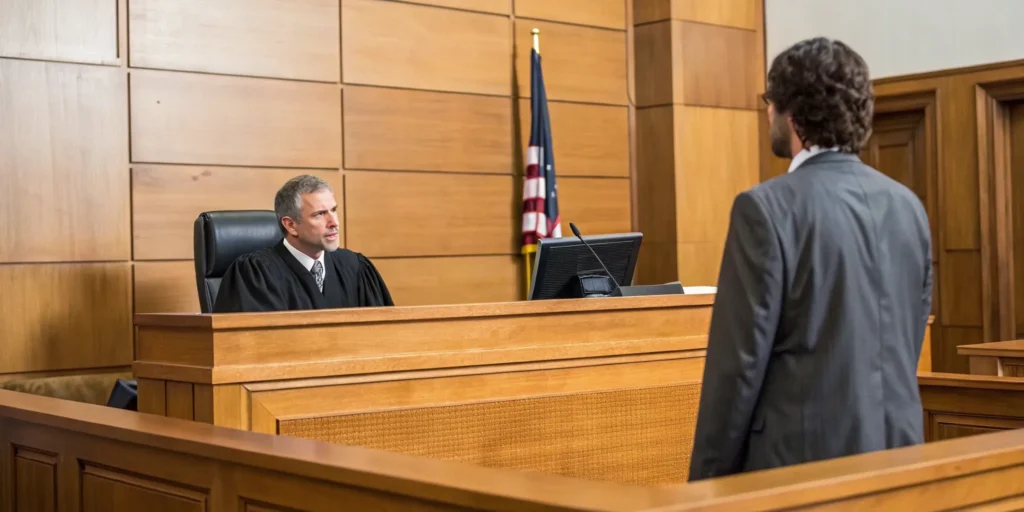 A lawyer and judge in a Miami courtroom discussing a DUI manslaughter case.
