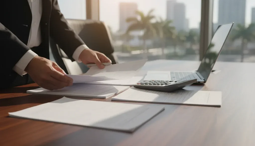 Florida embezzlement defense attorney reviewing financial records