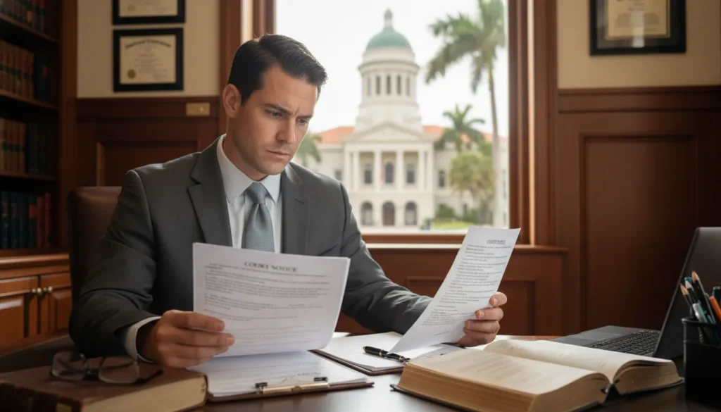 Attorney reviewing a Florida arraignment waiver form and court notice