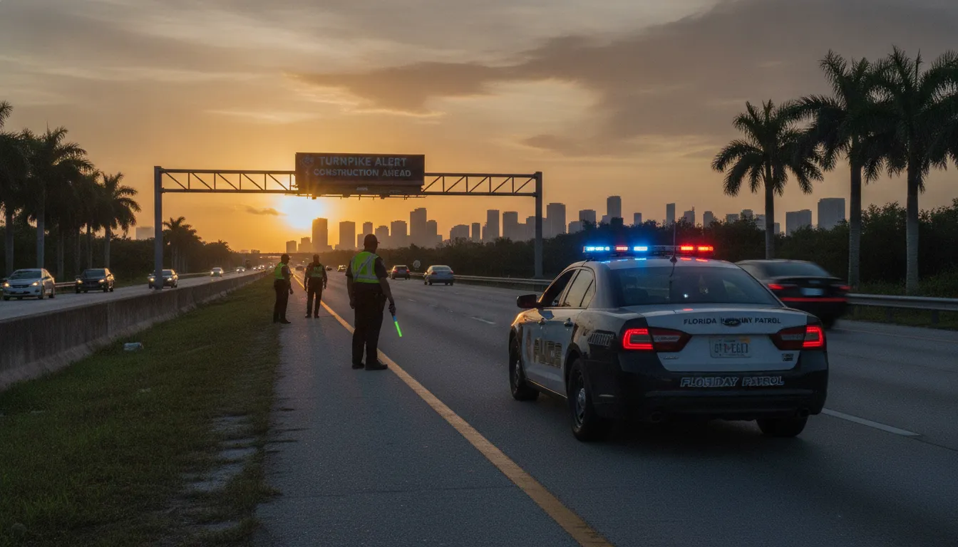 Florida police car with flashing lights near a highway, law enforcement scene