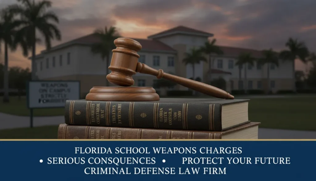 Florida school campus with gavel and law books symbolizing weapons on school property legal consequences