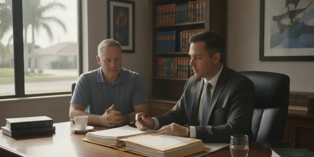 Attorney reviewing a DUI case file with a client in a Miami office