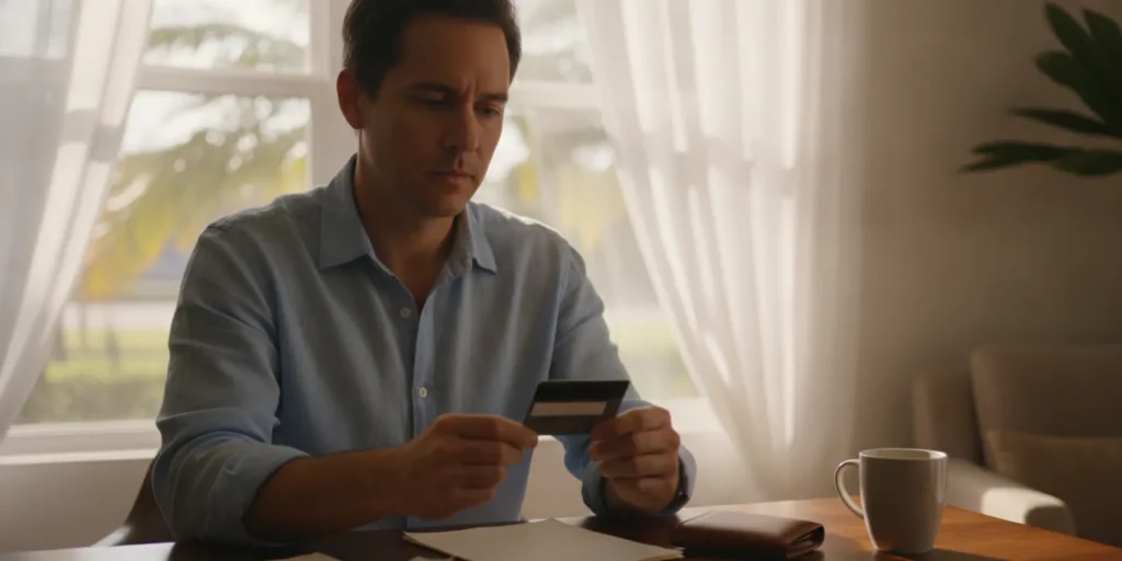 A person reviewing a bank card statement and legal documents at a desk