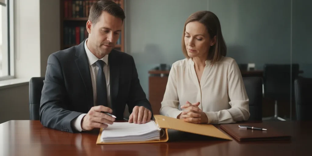 Attorney reviewing DUI case documents with a client at a conference table