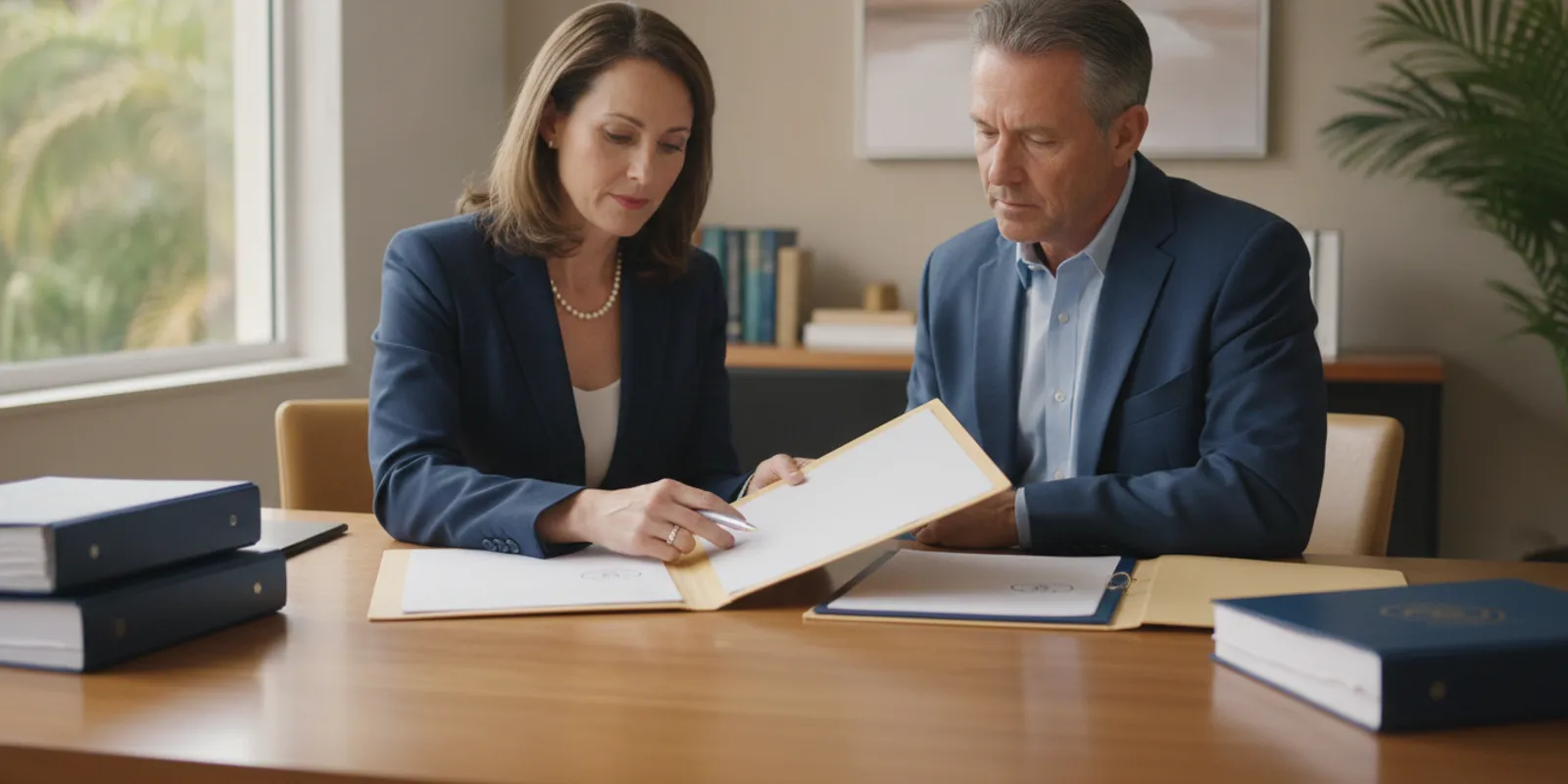 A person reviewing court papers with a defense attorney at a desk