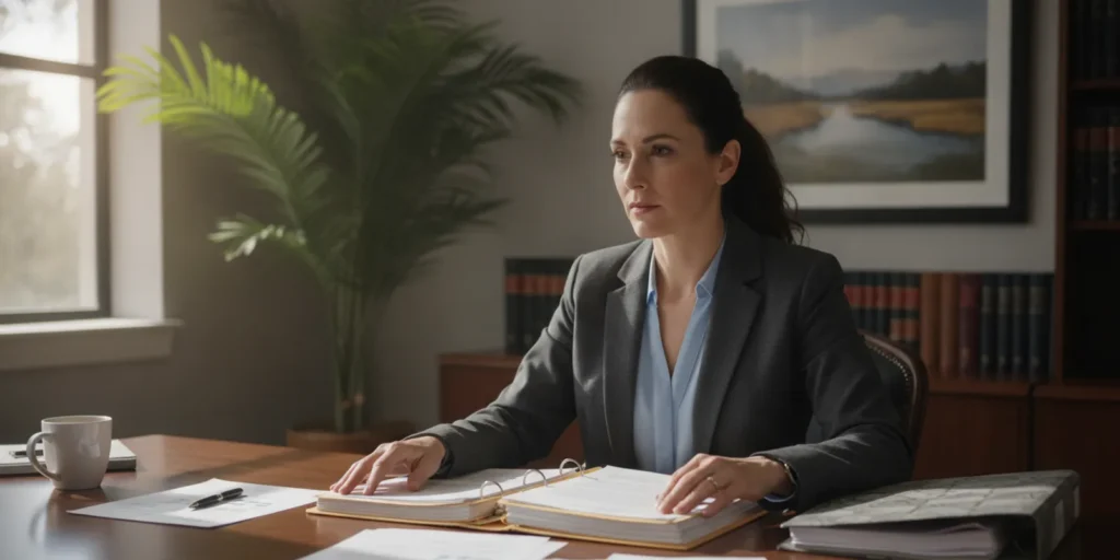 Attorney reviewing insurance claim documents and investigation records at a desk