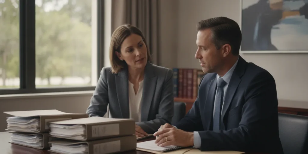 Client and attorney reviewing paperwork for a Florida theft allegation