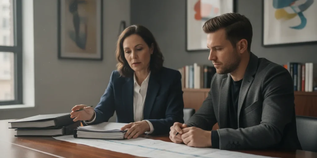 Attorney reviewing financial records and a timeline with a client at a conference table