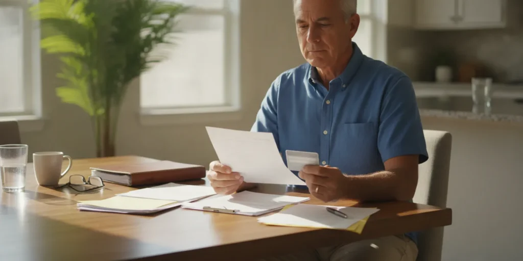 Driver reviewing a Florida traffic citation and driving records at a desk