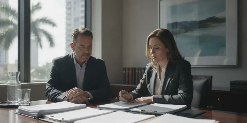 A person reviewing registration paperwork with a lawyer at a desk