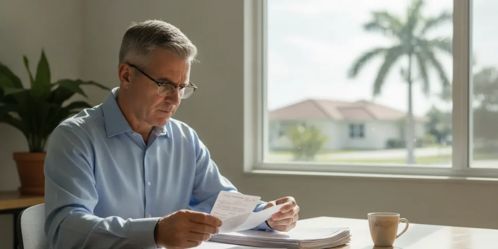 A driver reviewing a traffic citation and court papers before a Miami traffic court hearing