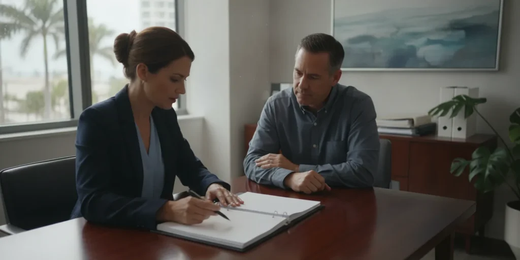 A Florida defense attorney reviewing a court document with a client at a desk